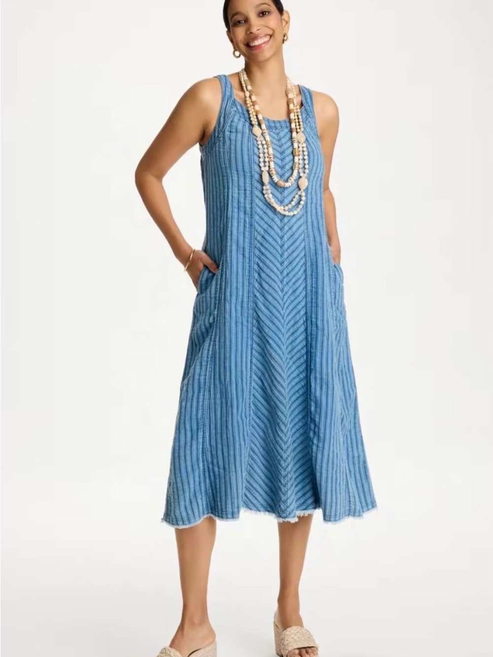 Chicos Striped Gauze Denim Sleeveless Blue Midi Dress, Size 4-6